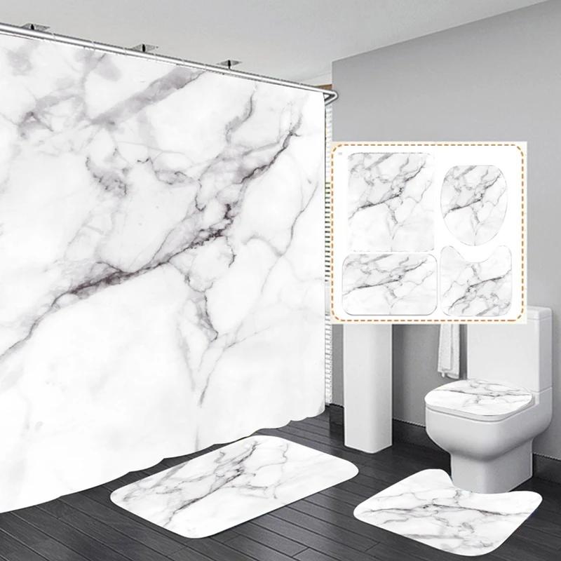 3D Marble Shower Curtain Set Non Slip Bath Rug Waterproof Bathroom Curtain With Hooks Modern Style Toilet Lid Cover Home Decor
