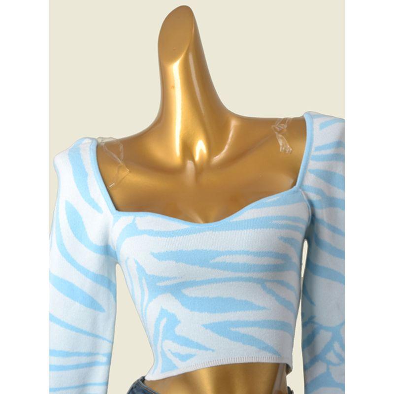 European and American Sexy Peach Collar Knitting Long Sleeves Tops Summer Common Blue and White High Waist Short Open Back Chic Bottoming Shirt