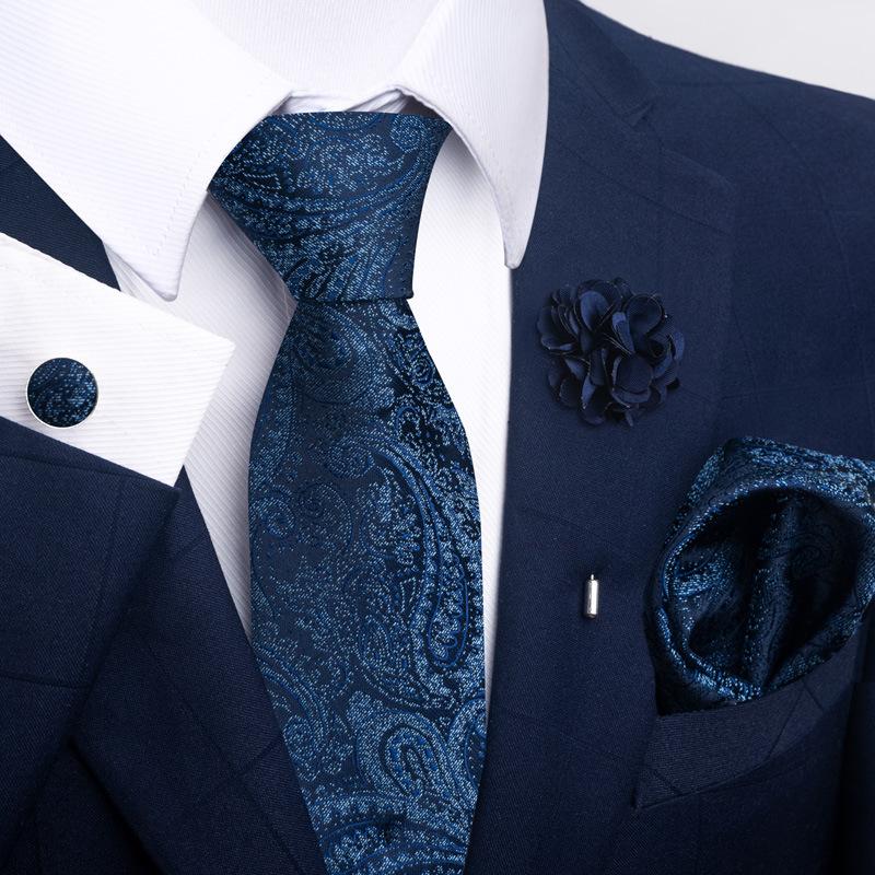 Men 8cm Wide Silk Wed Neck Tie Cufflinks Brooch Pin Handkerchief Business Wedding Party Suits Groom Accessories Gift
