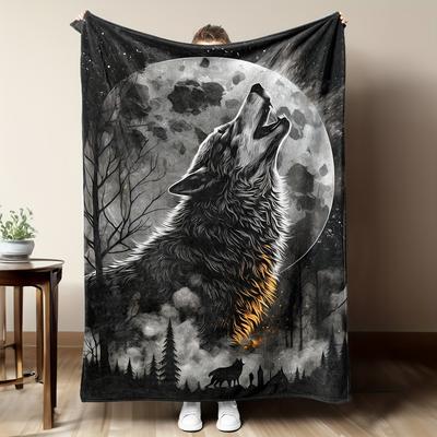 Wolf Series Under the Moonlight Digital-printed Polyester Velvet Flannel Cover Blanket Fleece Soft Sofa Cover Blankets for Beds