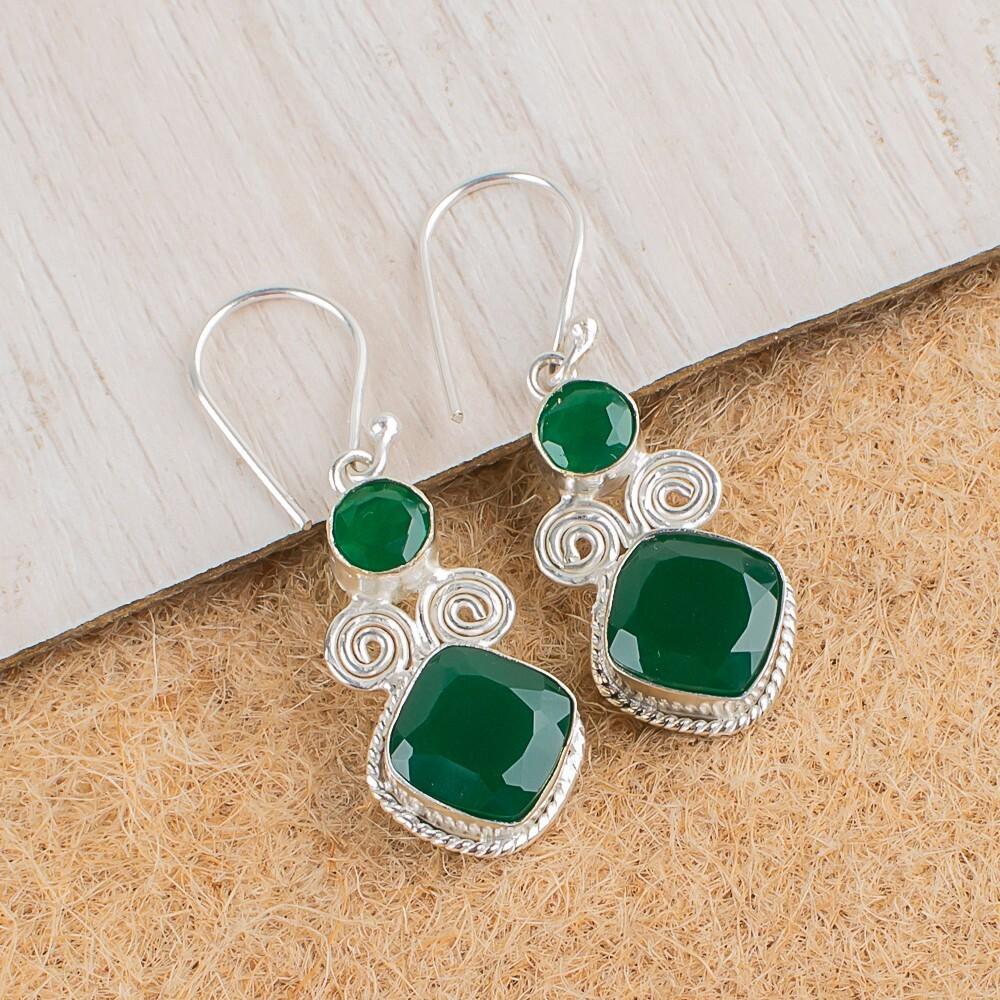 Natural Green Onyx Gemstone 925 Sterling Silver Handmade Jewelry Earrings 1.12" EE-69-12