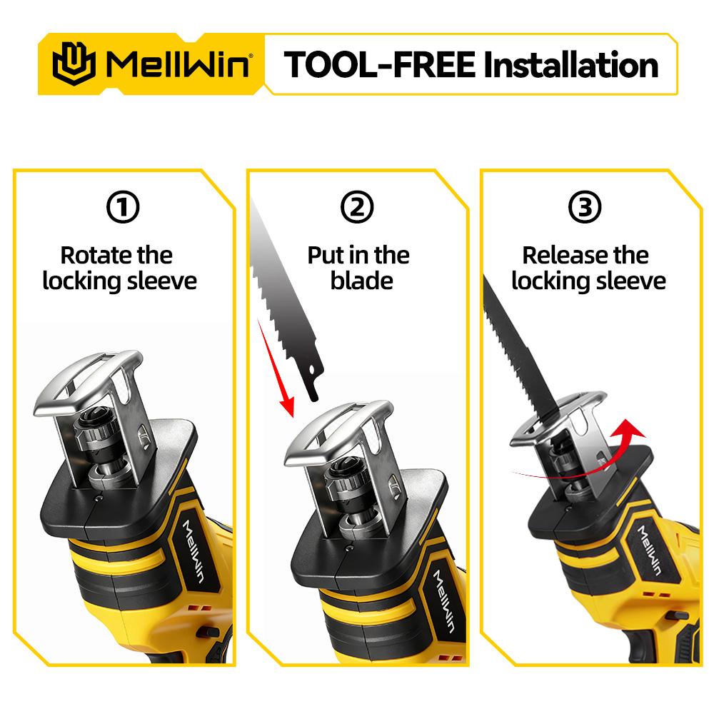 MELLWIN Brushless Electric Reciprocating Saw With 4Saw Blades Metal Wood Cordless Electric CutSaw Tool For Makita 18VBattery Pin