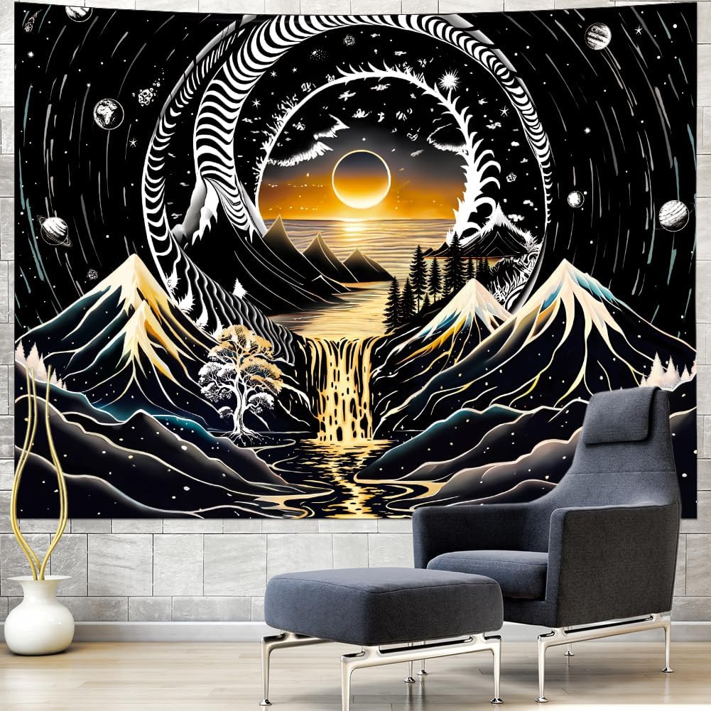 Amhokhui Black and White Tapestry Sun Mountain Tapestry Starry Night Aesthetic Tapestries Trippy River Landscape Tapestries Dark Wall Hanging Decor