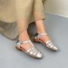 Johnature Handmade Genuine Leather Sandals Versatile Round Toe Buckle Strap Cowhide Flat Women's Shoes
