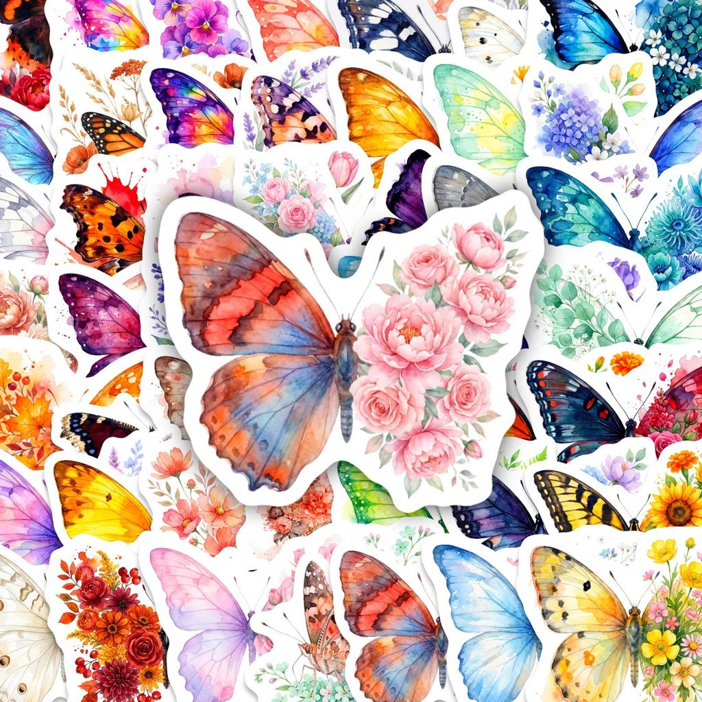 50 Butterfly Stickers Notebook Skateboard Water Cup Decoration Cute Colorful Flower Butterfly Graffiti Stickers