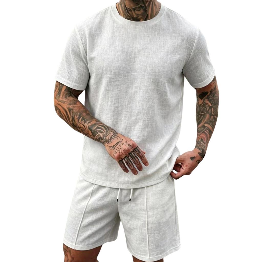 Herren Leinen Kurzarm Rundhals Oberteil und Shorts Set Leicht Atmungsaktiv Lässiges Sommer Outfit Geeignet für Draußen und Drinnen