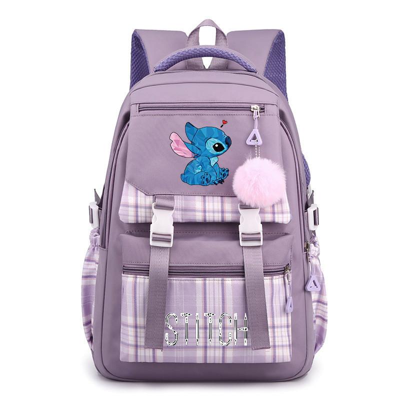Cute Girl Backpack For School With Stitch Print And Checkered Patchwork Design For Middle School Students