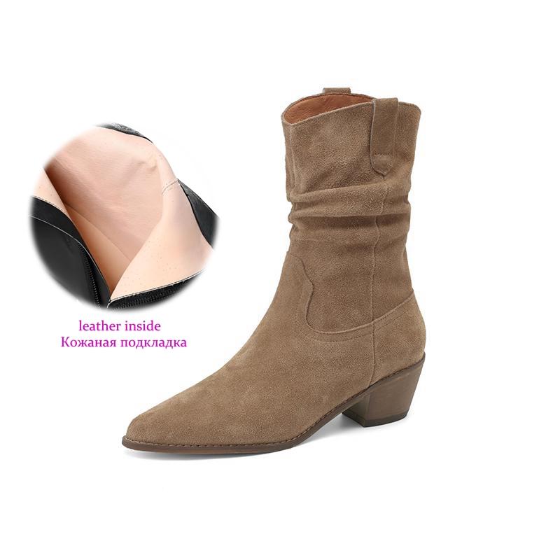 

Krazing Pot Cow Suede Nubuck Autumn Winter Shoes Med Heels Size 43 Western Boots Round Toe Slip on Pleated Ankle Boots 34