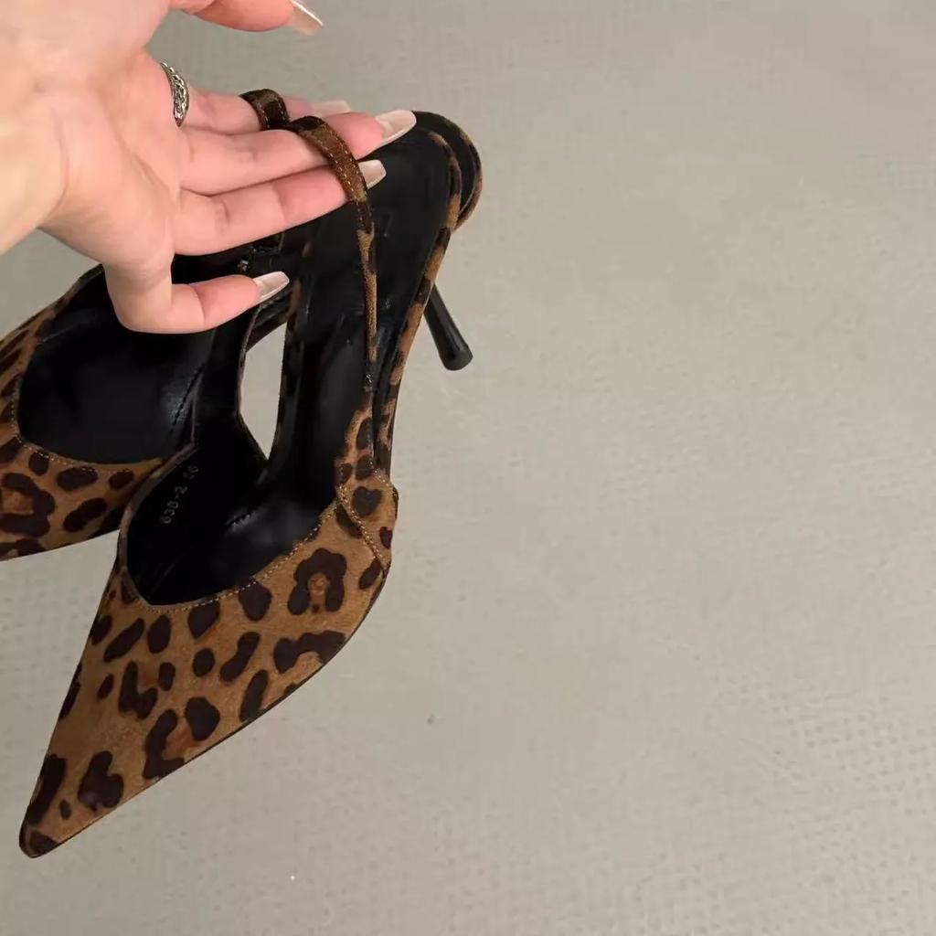 Women Pumps New Fashion Belt Buckle Strap Pointed Toe One Kick Bare Heels Baot Shoes Leopard Print Sexy Dress Sandalias De Mujer