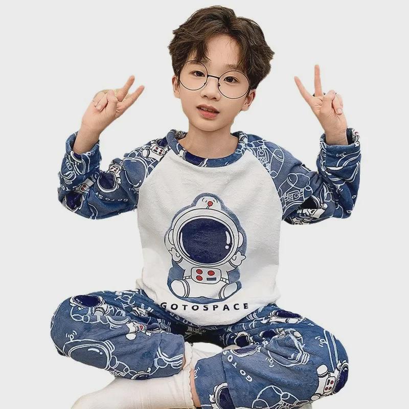Kinder Cartoon Korallenfleece Pyjama - Warm, Dickes Flanell Rundhals für Jungen, Herbst/Winter Kollektion