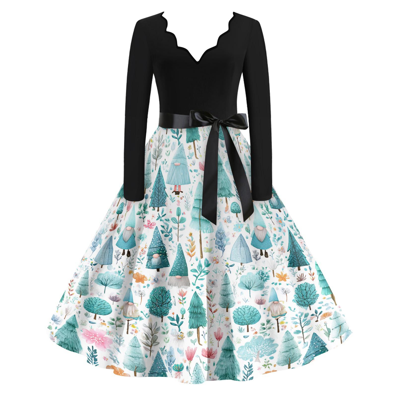 

Женское повседневное модное платье с V-образным вырезом и рождественским принтом в винтажном стиле XL