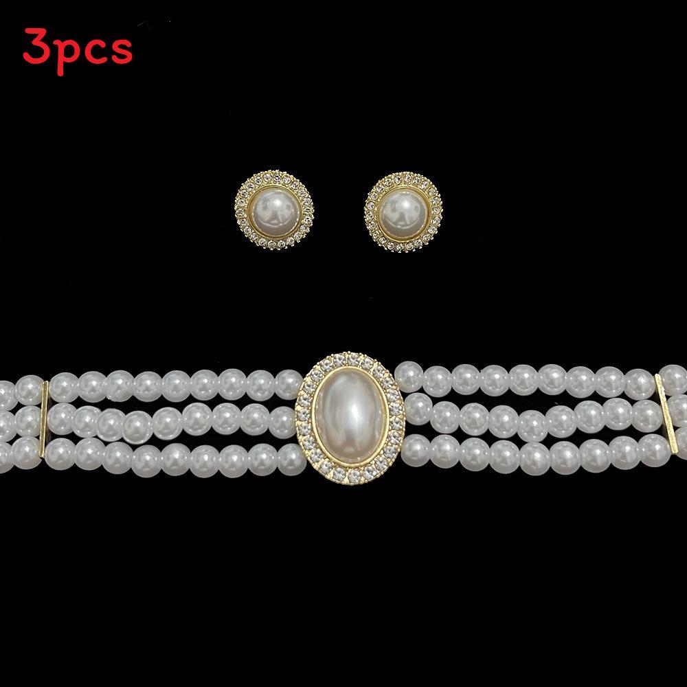 French Retro Artificial Pearl Jewelry Set Featuring Oval Pearl Chains And Rhinestone Decoration For Women Set1