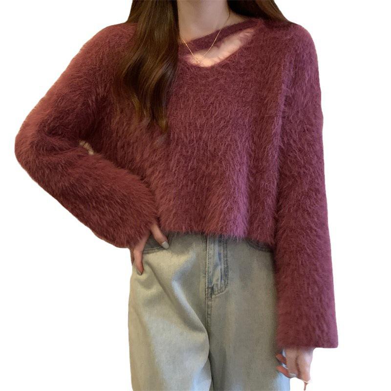 2025 Autumn/Winter Women's Faux Mink Velvet Halter Sweater - Soft Knit, Loose Fit, Trendy Gentle Style