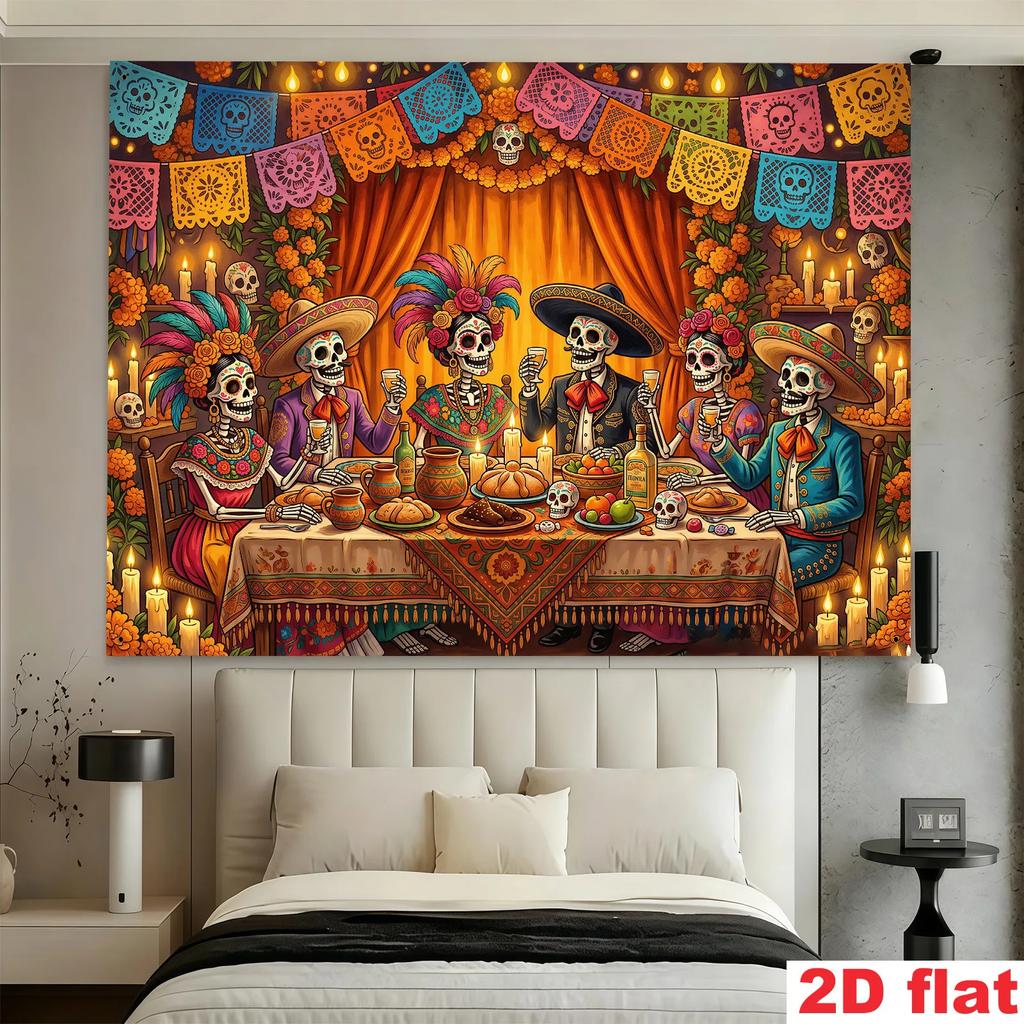 2D Flat Banner [Party Banner, Flag] 1 Piece, Made of Polyester, with Painted Sugar Skull Decorative Fabric
