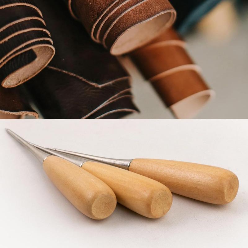 2pcs Leather Craft Awl Tools Leather Hole Punch Tool Sewing Punching Hole Maker Stitching Over Stitch Wood Handle