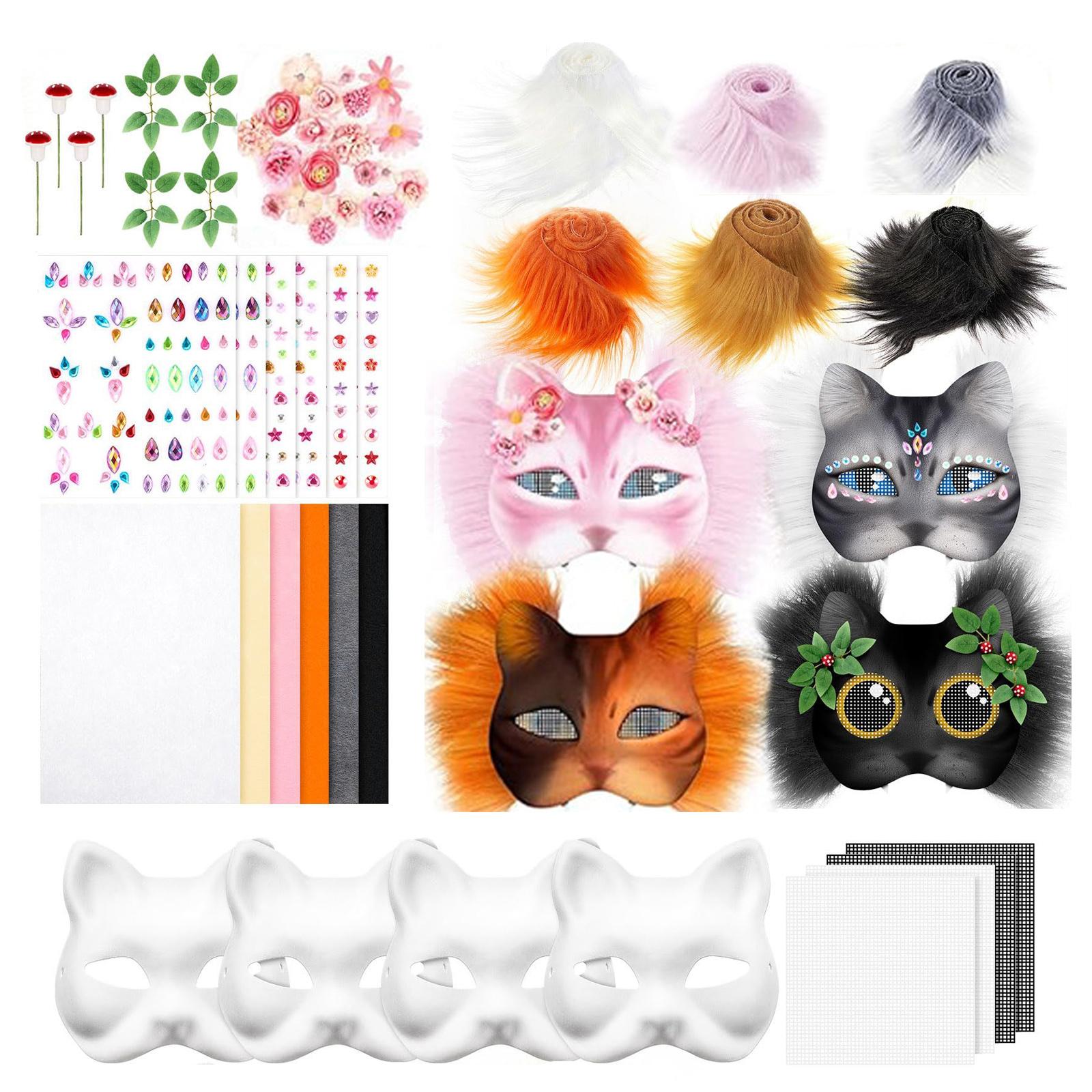 

4Pcs Unpainted Cats Face Mask White Paper Mask with Furry Trim Felted Cloth Eye Mesh Sticker Unpainted Masquerades Mask 3