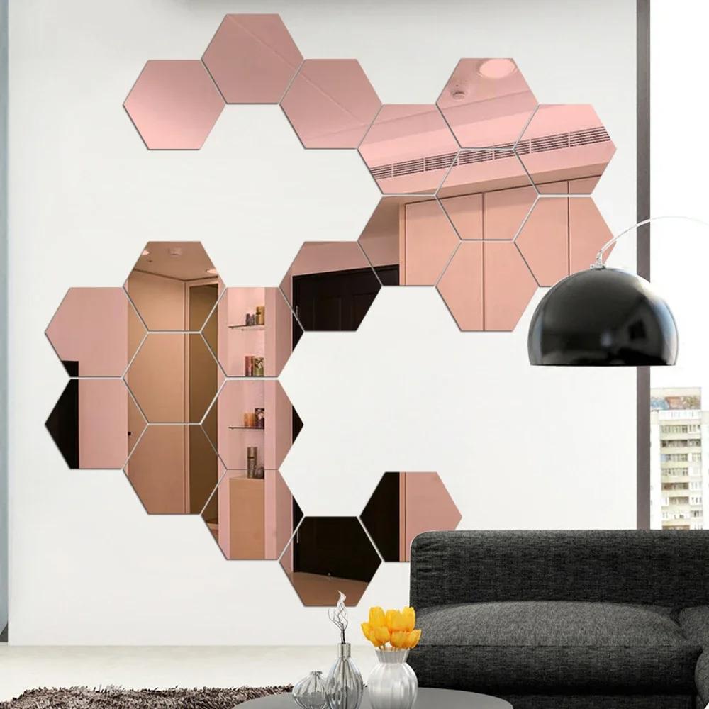 Mirror Wall Sticker Self-adhesive Hexagon Modern Acrylic Honeycomb Reflect Mirror Wallpaper Bedroom DIY Art Wall Decor