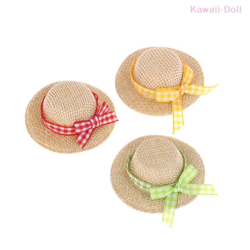 2Pcs Mini Miniature Straw Hat With Bow Doll Ornament Straw Hat Doll House Hand Weaved Dollhouse Accessories