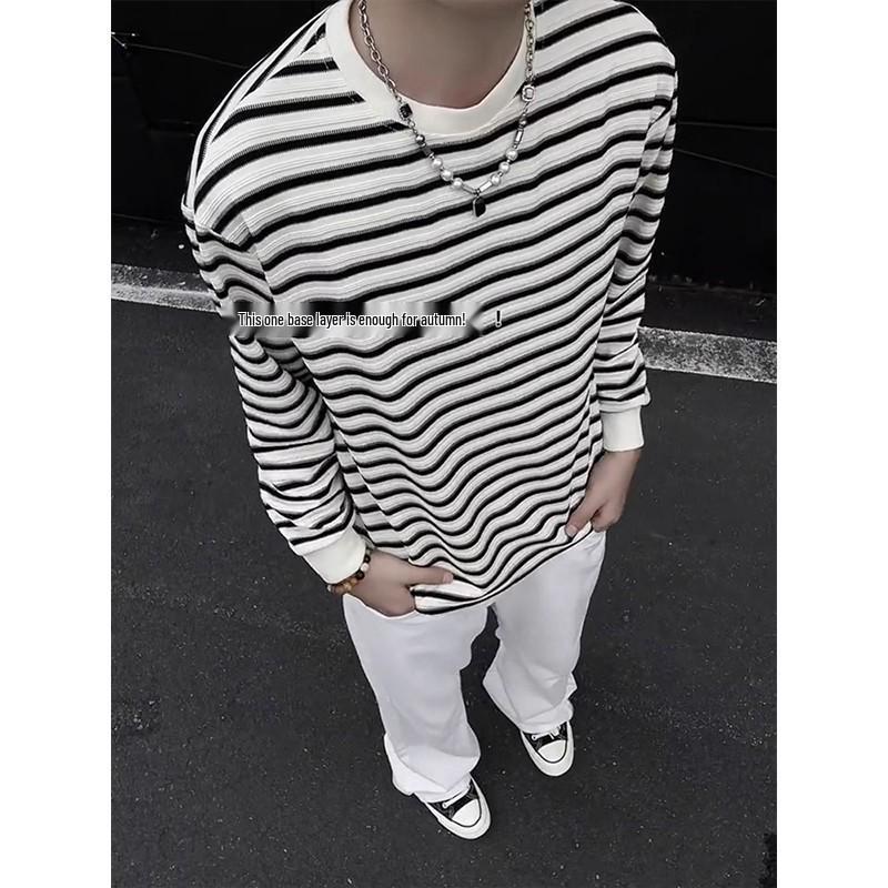 Men's Japanese Color Block Striped Long Sleeve Casual Sweatshirt - Autumn Versatile Base Layer Pullover.