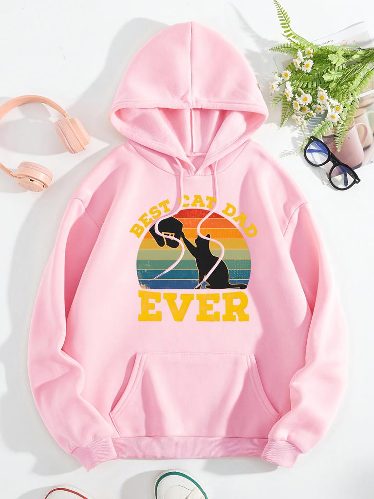 Best Cat Dad Ever Pattern Womens Hoody Hip Hop Fleece Hoodies Pocket Loose Y2K Clothes Casual Autumn Multicolor Pullover