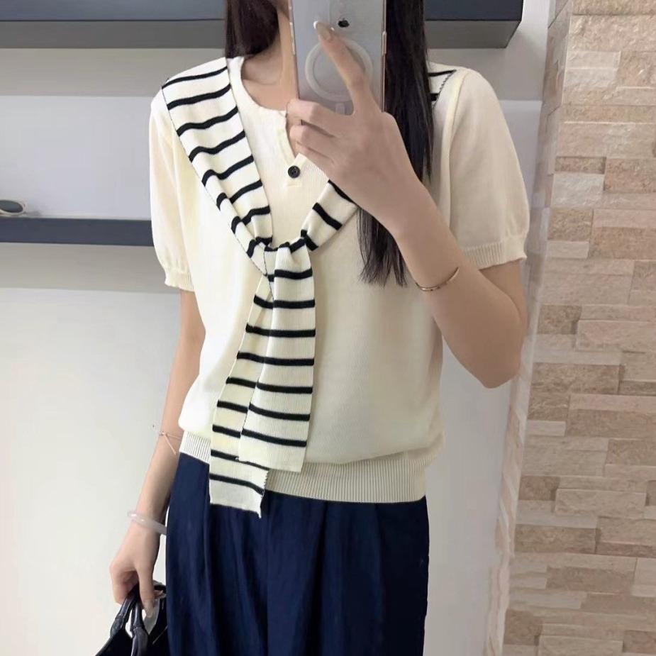 Striped Shawl fake two pieces sweater Versatile Short Sleeve casual Knitted Top For Spring & Summer Women's Clothing yellow Tops