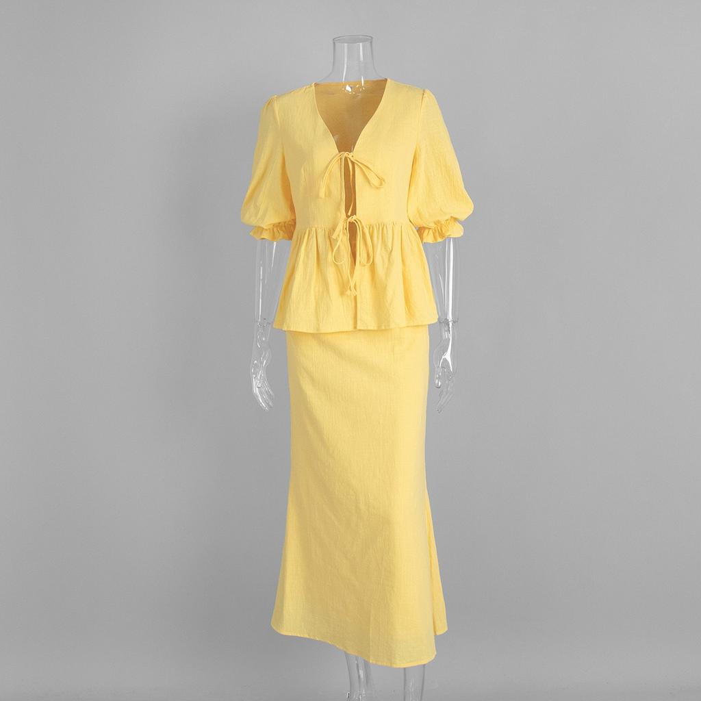 Summer New V-neck Short Sleeve Ruffled Trim Long Midi Skirt Two Piece Set Outfit Women's Casual European American Style