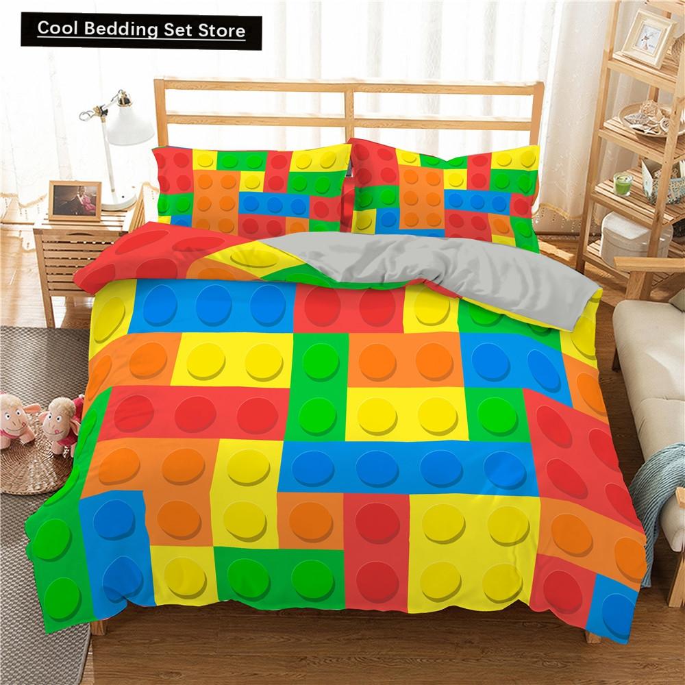 Colorful Toy King Queen Duvet Cover 3D Building Block Pattern Bedding Set Fun Brick Quilt Cover Gradient Rainbow Comforter Cover