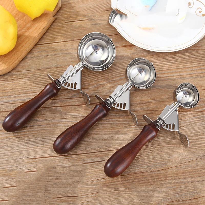304 Stainless Steel Ice Cream Scoop Redwood Handle Household Kitchen Professional Tools Ice Cream Fruit and Popsicle Scoop New