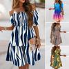 Puff Short Sleeve Elastic Chest Wrap Stitching Mini Dress Ruffle Hem Tie Dye Print Off Shoulder Summer Dress Female Clothes