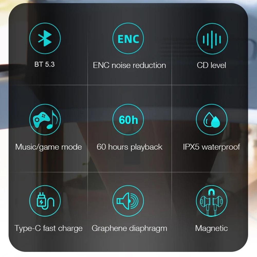 60 Hours Playback Wireless Bluetooth 5.3 Headphones Neckband Bass Stereo Sports Waterproof Headphones with Microphone