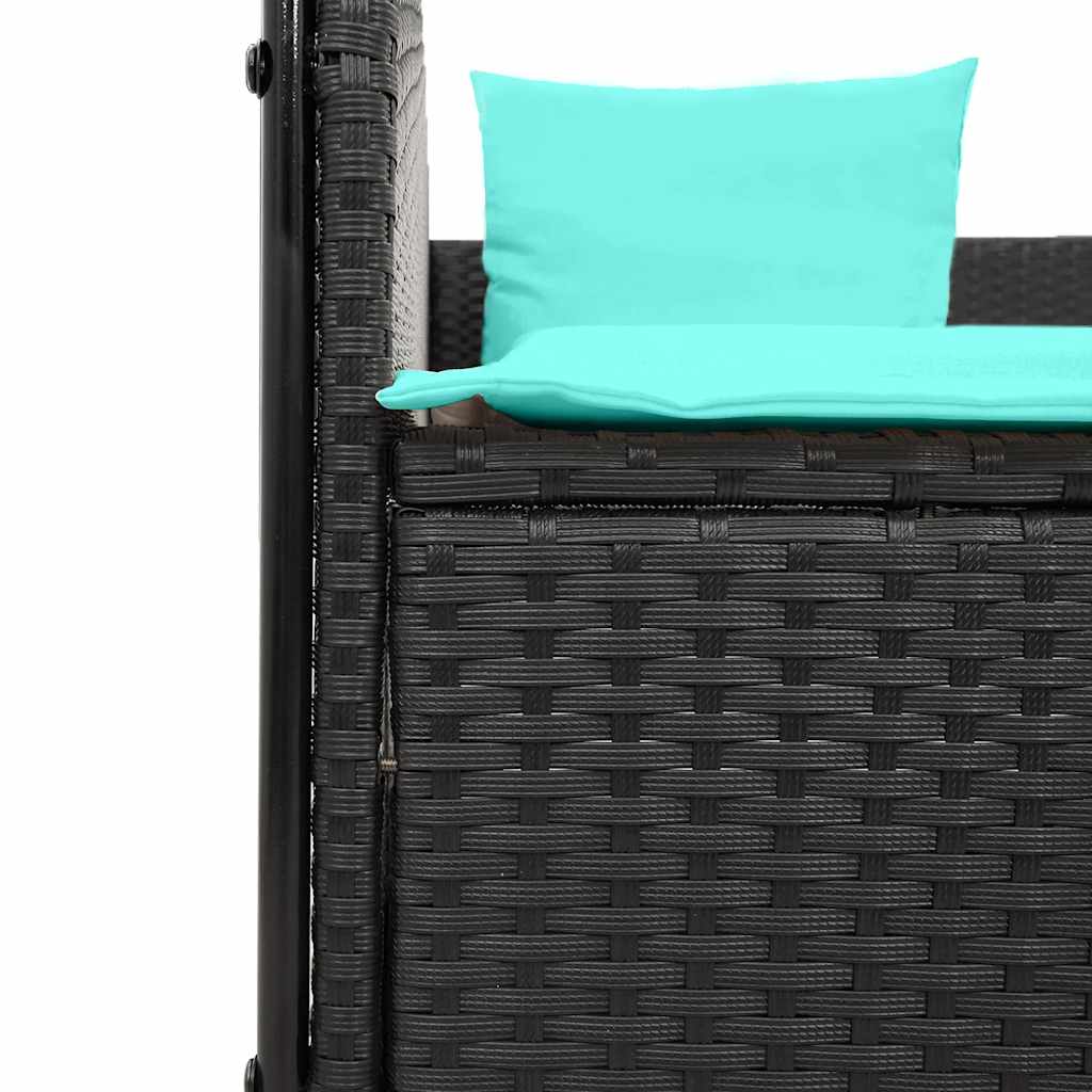 Double Sun Lounger with Canopy and Curtains Black Poly Rattan