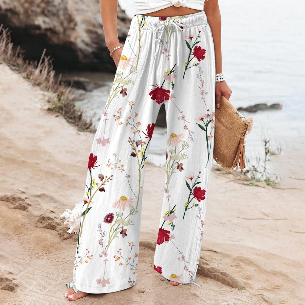 Women's  Casual Loose High Waist Cotton Linen Wide Leg Long Pants With Pockets