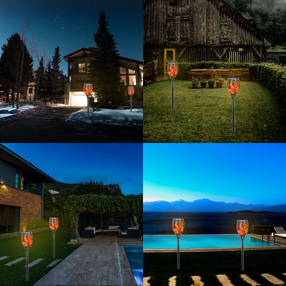 GLOWDAWN Solar Lights, Outdoor Flame Lights, Solar Torch Lights with 96 Built-in Bulbs, IP65 Waterproof, Automatic On/Off, Easy Installation, for Lawn