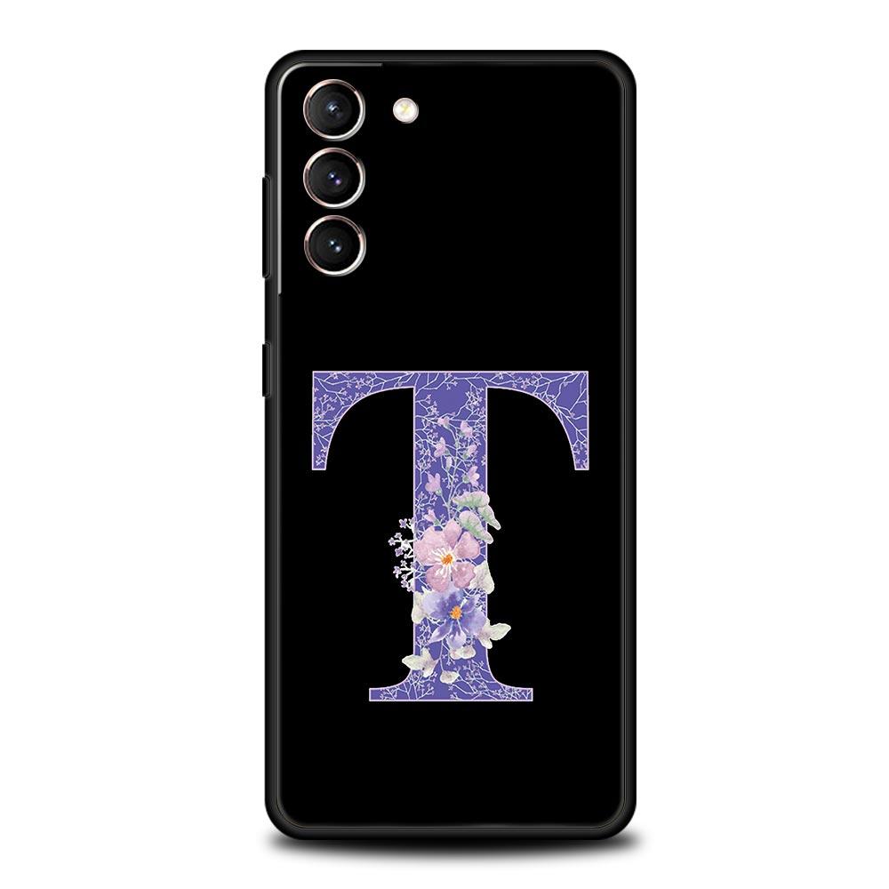 Letters Purple Flower Phone Case For Samsung Galaxy S26 Ultra S25 Plus S24 FE S23 S22 5G S21 S20 Cover Black Soft