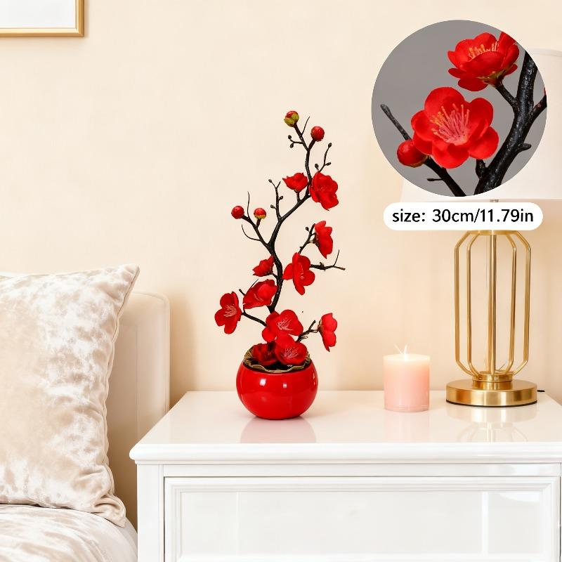 1pc Red Plum Blossom Potted Plant for New Year, Premium Artificial Flower for Wedding, Valentine's & Home Decor