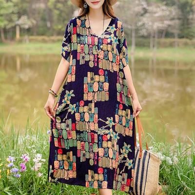 Dámské letní šaty s krátkým rukávem, ležérní střih, vintage styl, plus size, elegantní, s krátkým rukávem, letní dlouhé šaty