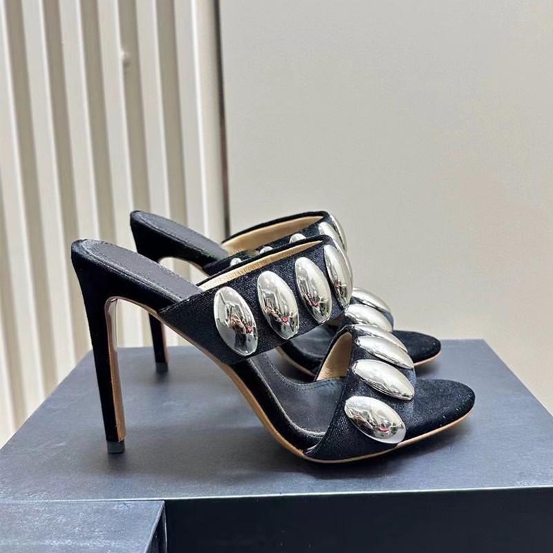 Fashion Star style Luxury Sequined Metal Rivet Decor Women Sandals Slippres Fashion Summer High Heels Mules Slides Female Party Shoes