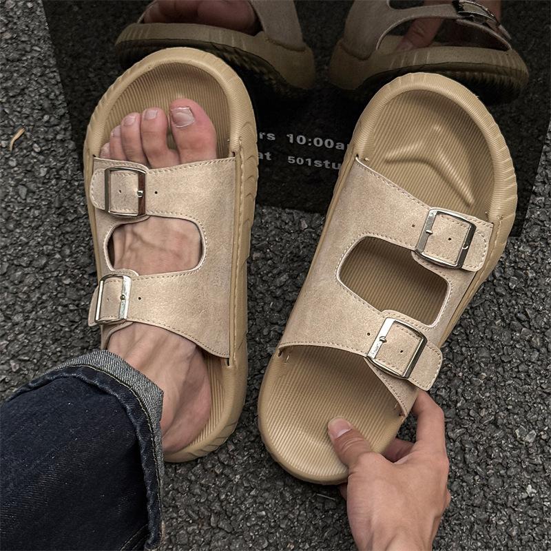 Summer One-word Sandals Soft-soled Boken Shoes Casual Beach Velcro Outer Wear Beach Shoes 371296 white-J