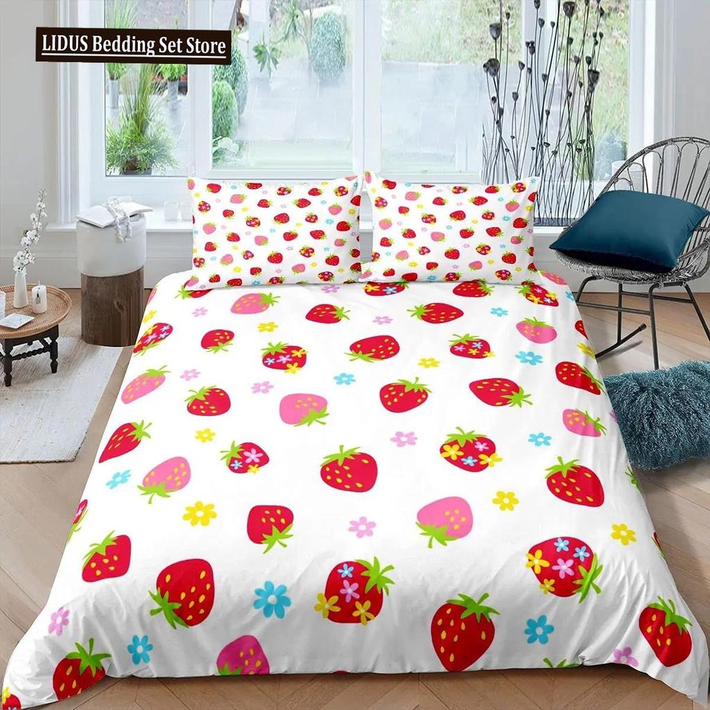 Strawberry Duvet Cover Set Girl King Size Comforter Cover Set Red Strawberry Bedding Set Food Fruit Quilt Cover For Kids Gift