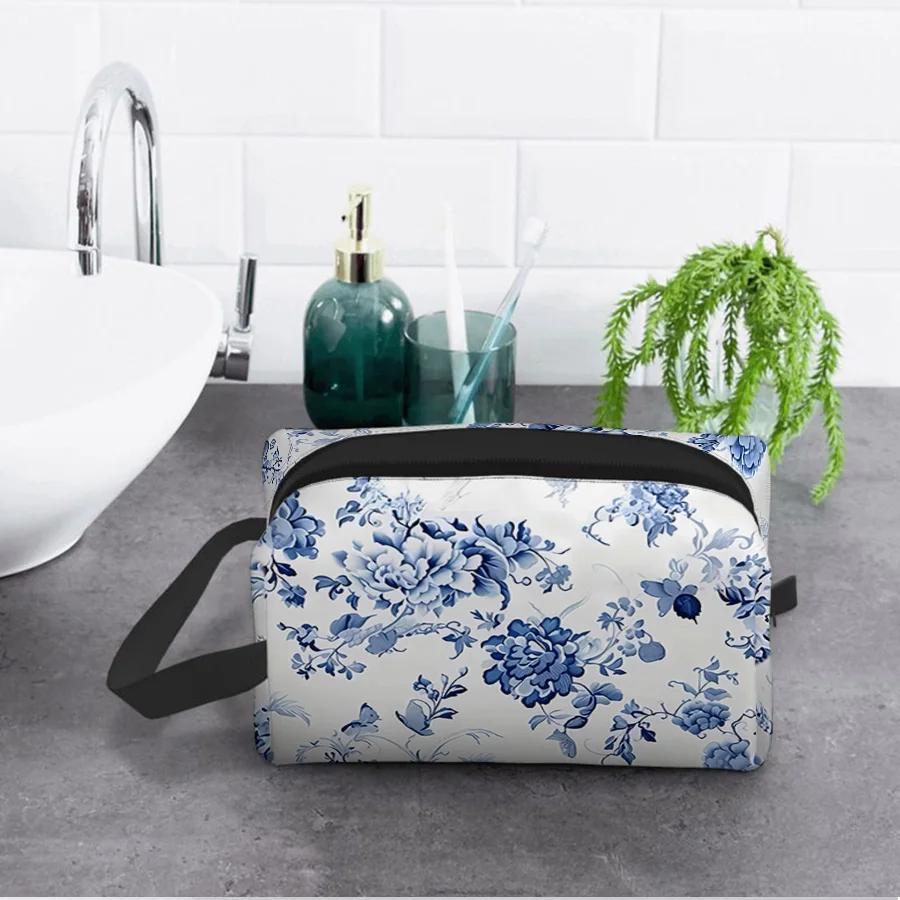 Large Portable Cosmetic Pouch with Zipper Closure Flower Pattern Toiletries Storage and Travel Makeup Bag Makeup Accessory Bag