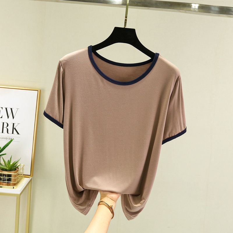 

Modal Short sleeve Bottoming Shirt Women Summer Loose Plus size Casual Knitted Top Thin Versatile Slimming T-shirt Khaki M (recommended 40.00 kg-50.00 kg