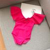 New Korean Style Girls' One-Piece Swimsuit with Ruffled Edges & Bow - Solid Color for Small to Medium Kids