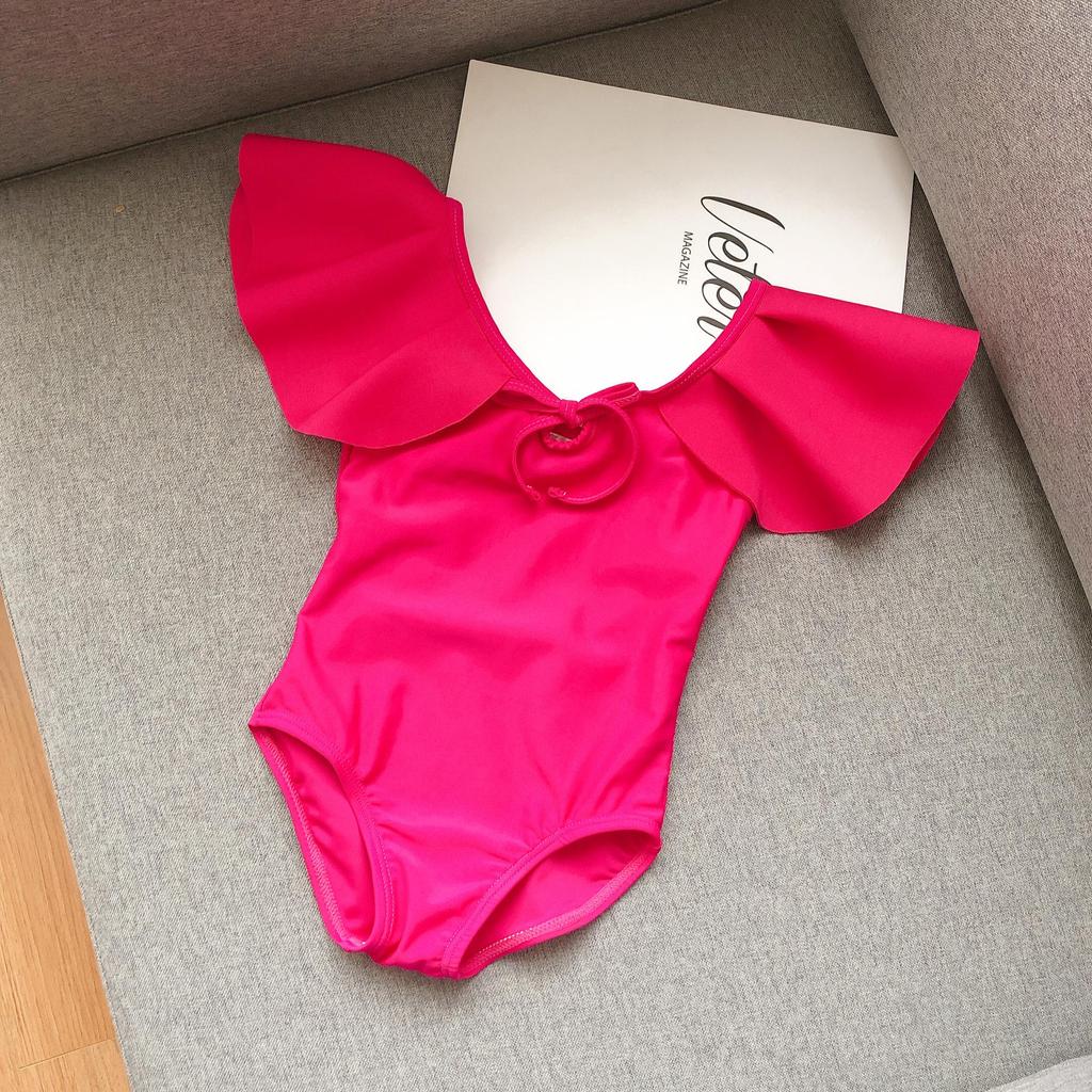 New Korean Style Girls' One-Piece Swimsuit with Ruffled Edges & Bow - Solid Color for Small to Medium Kids