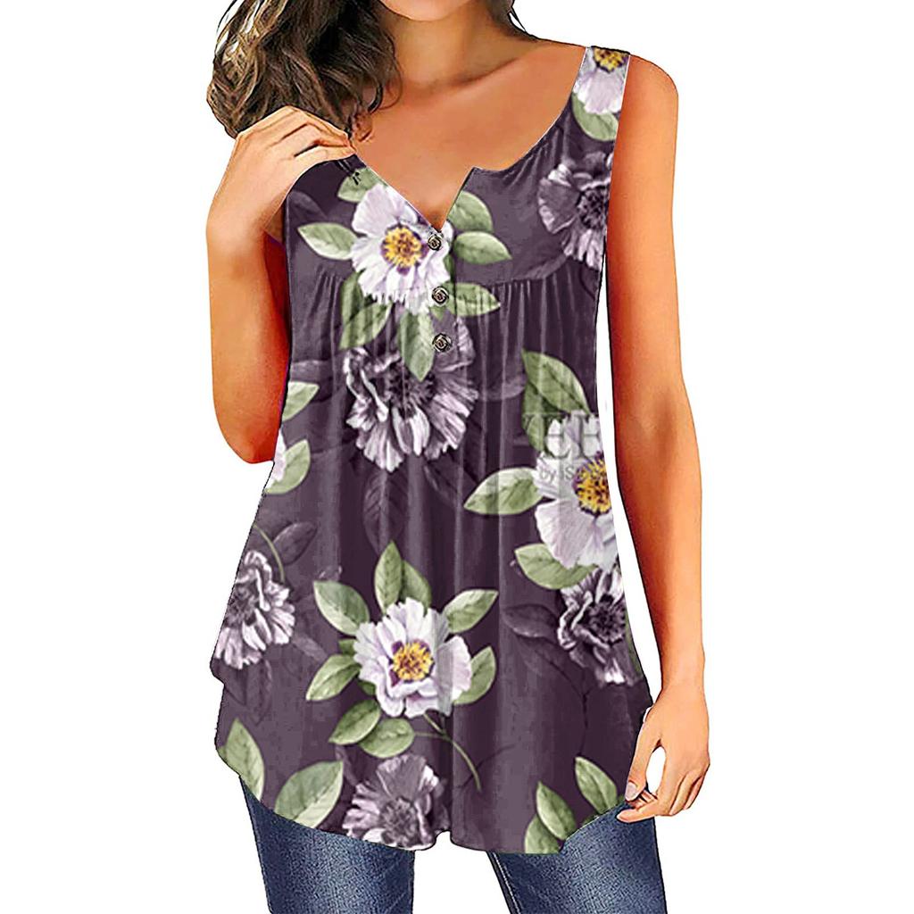 (SU)Moda damă cu imprimeu floral plisat fără mâneci ocazional tricou vestă cu nasturi