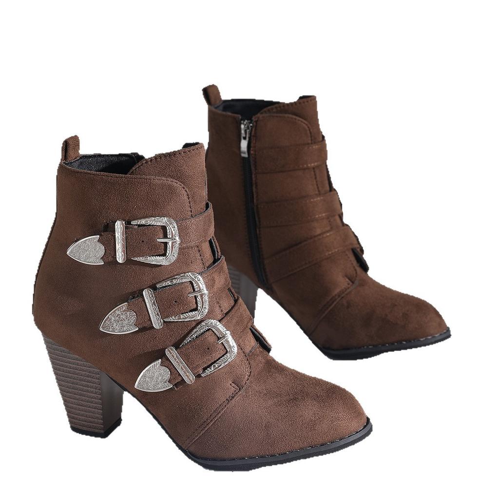 Fashion New short boots Pointed toe Chelsea boots 2025 Pointed toe Mid-heel short boots Metal buckle Western retro cowboy