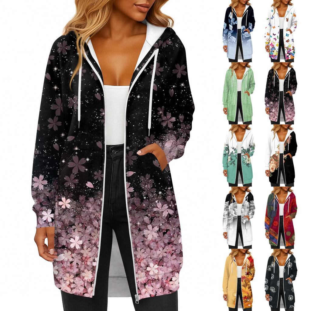 Women's Fashionable Printed  Long Sleeved Drawstring Hooded Zipper Pocket Long Casual Sweatshirt Jacket