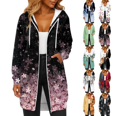 Jaqueta Moletom Casual Feminina Estampada Fashion de Manga Comprida com Capuz e Cordão, Bolso com Zíper