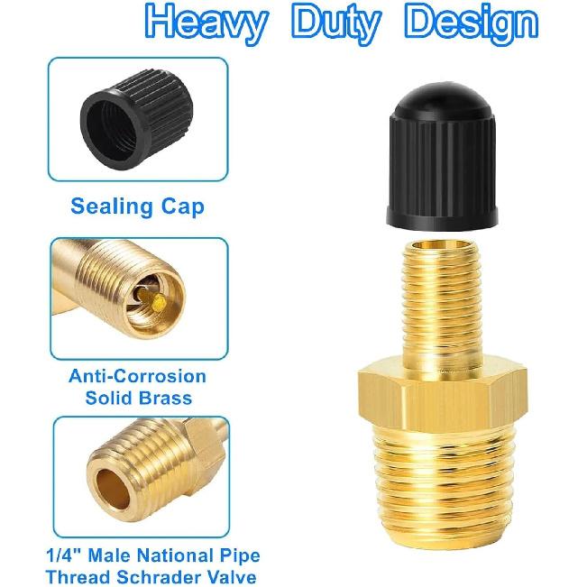 2Pcs Brass Air Inflator Adapter 1/4 NPT(M) to Standard Schrader Valve(M), Tan