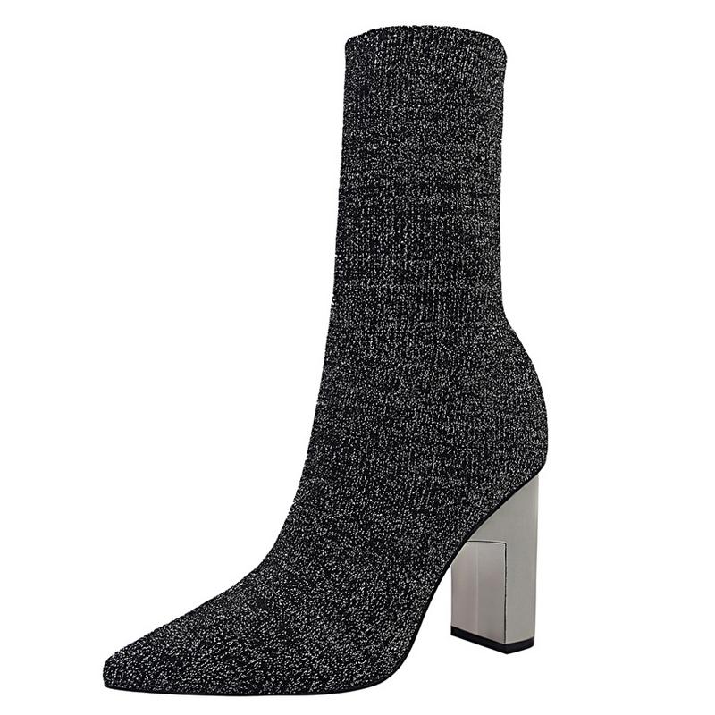 Shoes Women Elastic Sock Boots Metal Block Heel Women Boots Sexy High-heel Boots 2025 New Women Ankle Boots Plus Size 43