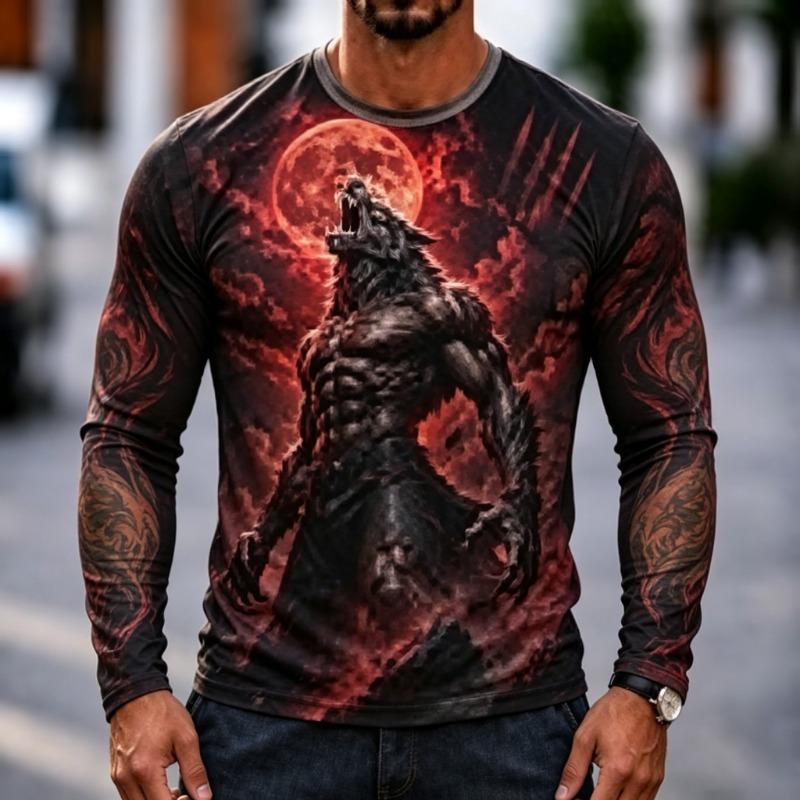 Men's Long Sleeve T-Shirt Werewolf Full Moon 3D Print Gothic Horror Crew Neck Casual Top